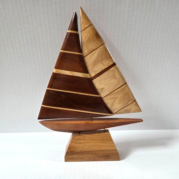 Handmade Striped Wood Sailboat Sculpture Nautical Beach Decor - Picture 1 of 6